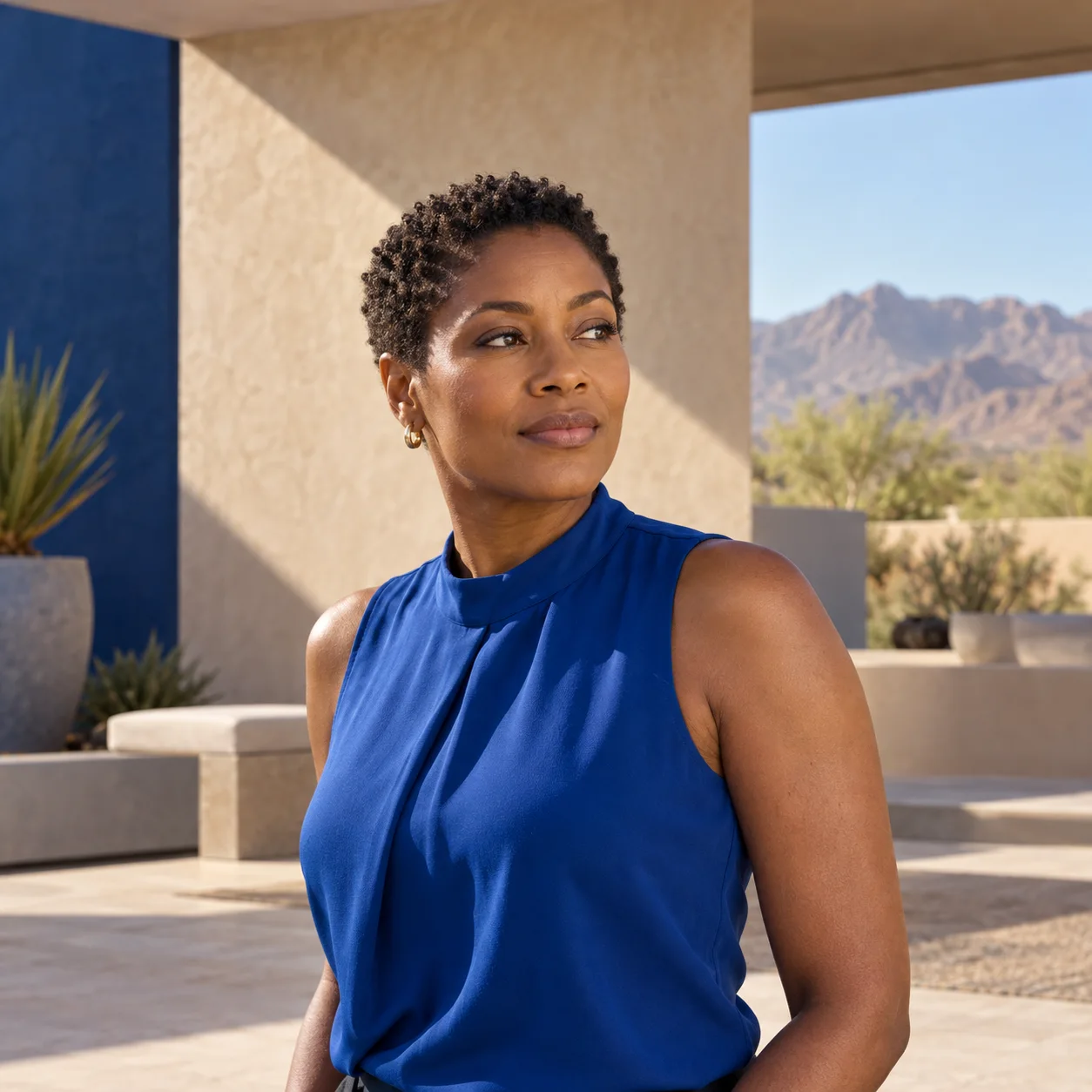 Woman in cobalt framed by graphic desert architecture